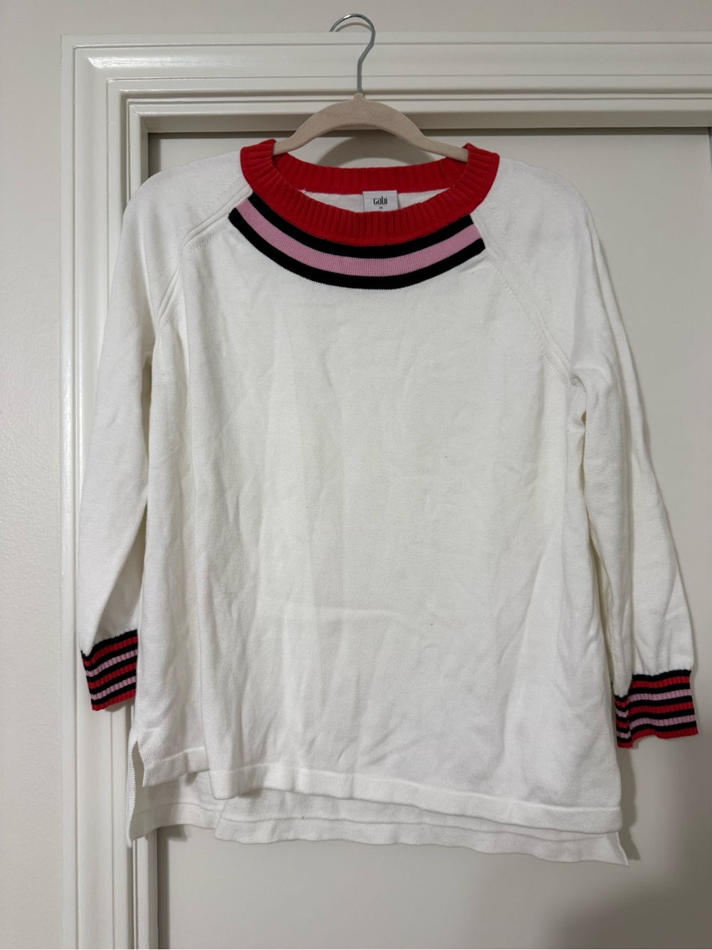 CAbi White Crewneck Sweater with Red, Pink and Black Trim